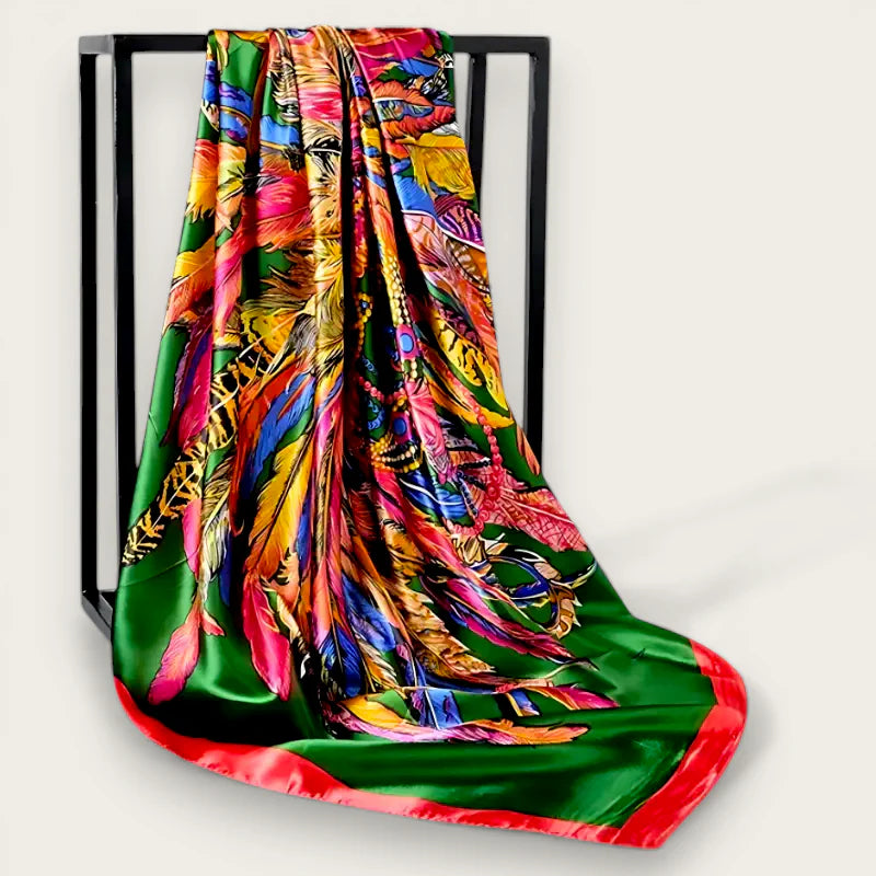 Womens large vibrant green satin scarf with multicolored feather pattern