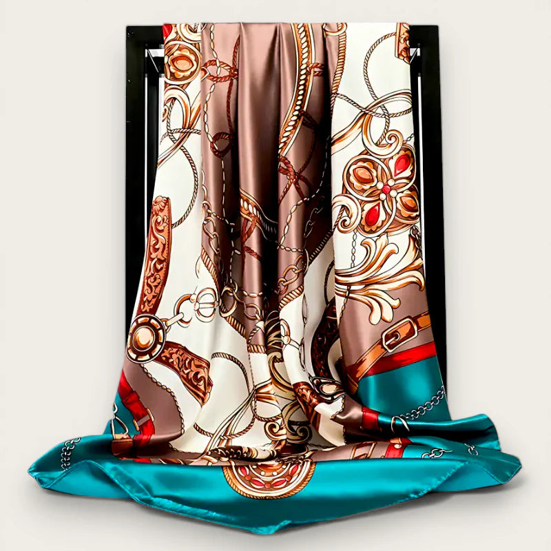 Womens large square satin scarf with gold chains, buckles and floral motifs