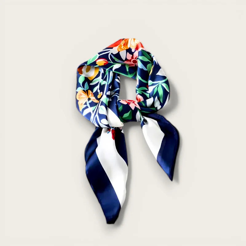 Womens light scarf: navy blue silk with orange, green, white floral pattern, knotted