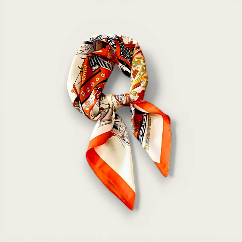 Vibrant orange cream womens neckerchief silk scarf with vintage black gold pattern