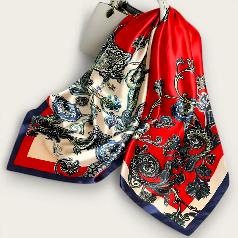 Womens oversized square scarf in vibrant red cream silk with navy paisley