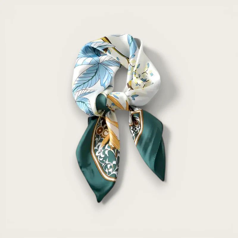 Womens printed scarf: square silk with blue-gold botanical print, green edges