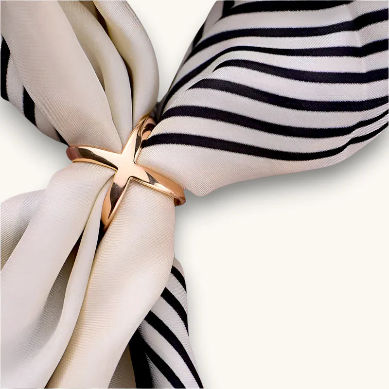Rose gold star Womens Scarf Ring with black white striped silk scarf