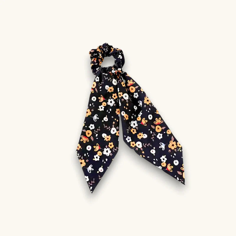 Black floral scrunchie with white orange blossoms Womens Scarf Scrunchie