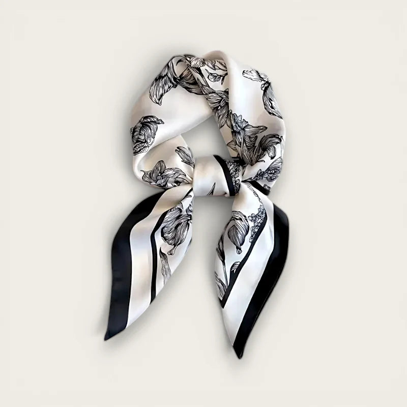 Womens short hair scarf in white silk with black botanical prints and edge stripes
