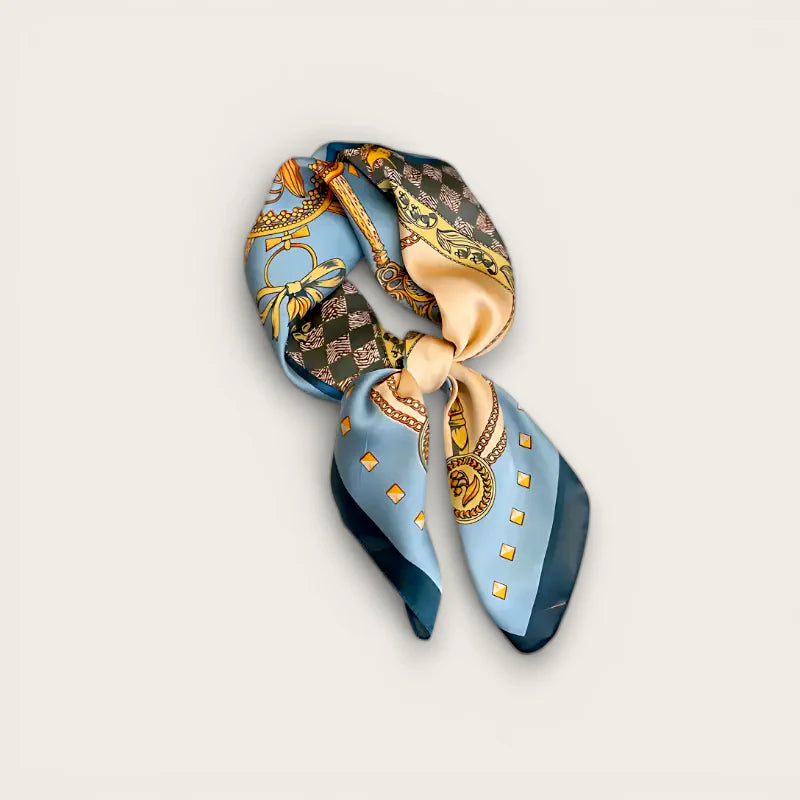 Womens light blue silk square scarf with gold green ornate patterns