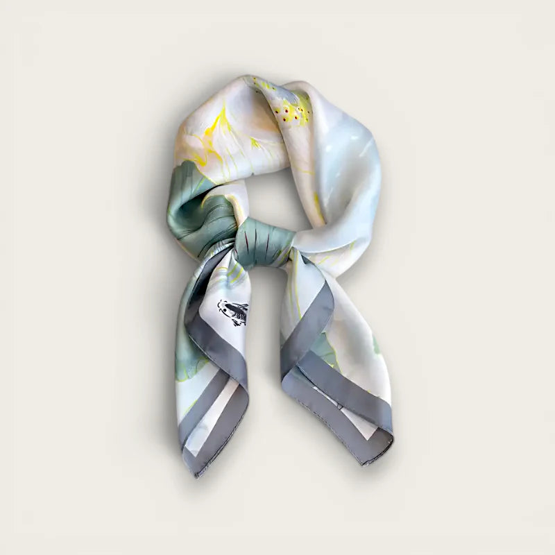 Womens square hair scarf in light blue silk with floral pattern