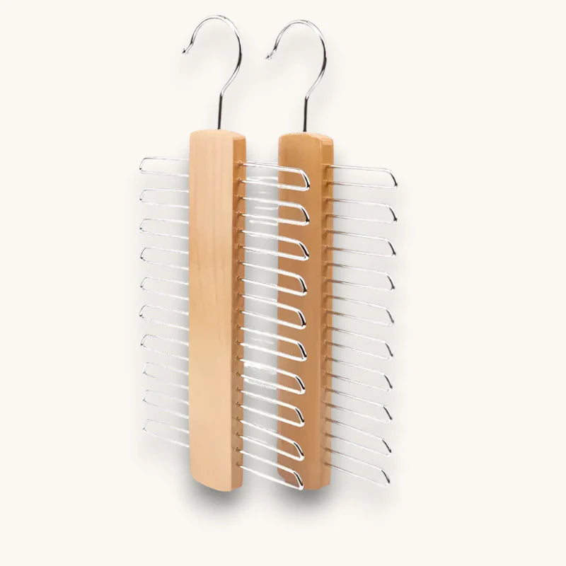 Wood scarf hanger with light wood handles, silver hooks and curved wire hangers