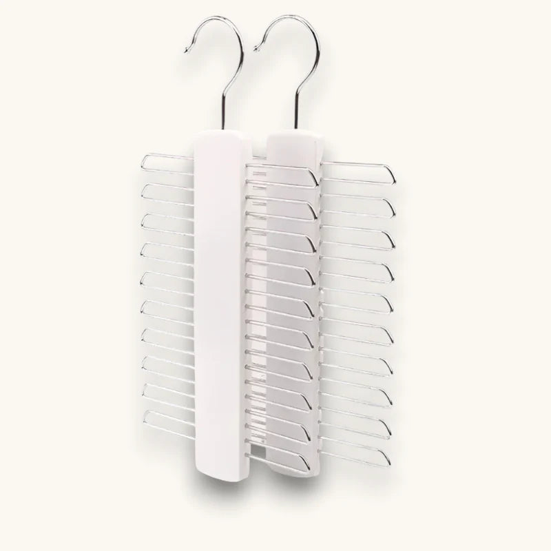 Wood Scarf Hanger with white plastic and metal multi-peg curved hooks