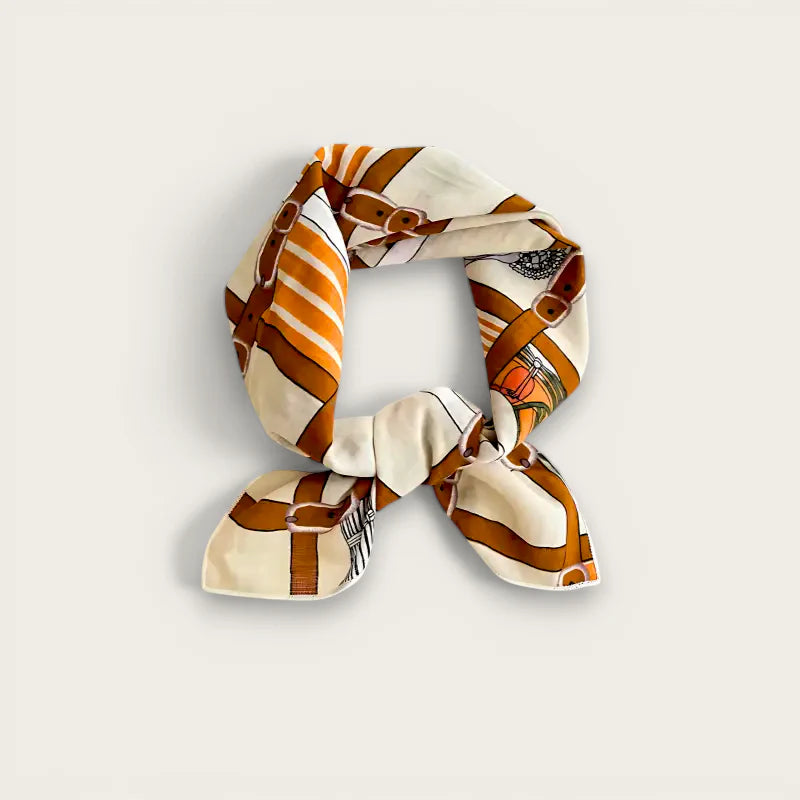 Hermes-style cream silk scarf with orange brown stripes and leather straps