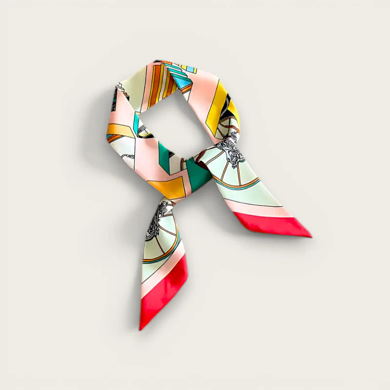 Vibrant Wrap Bag Handle Scarf with geometric stripes in pastel pink, yellow, teal, red