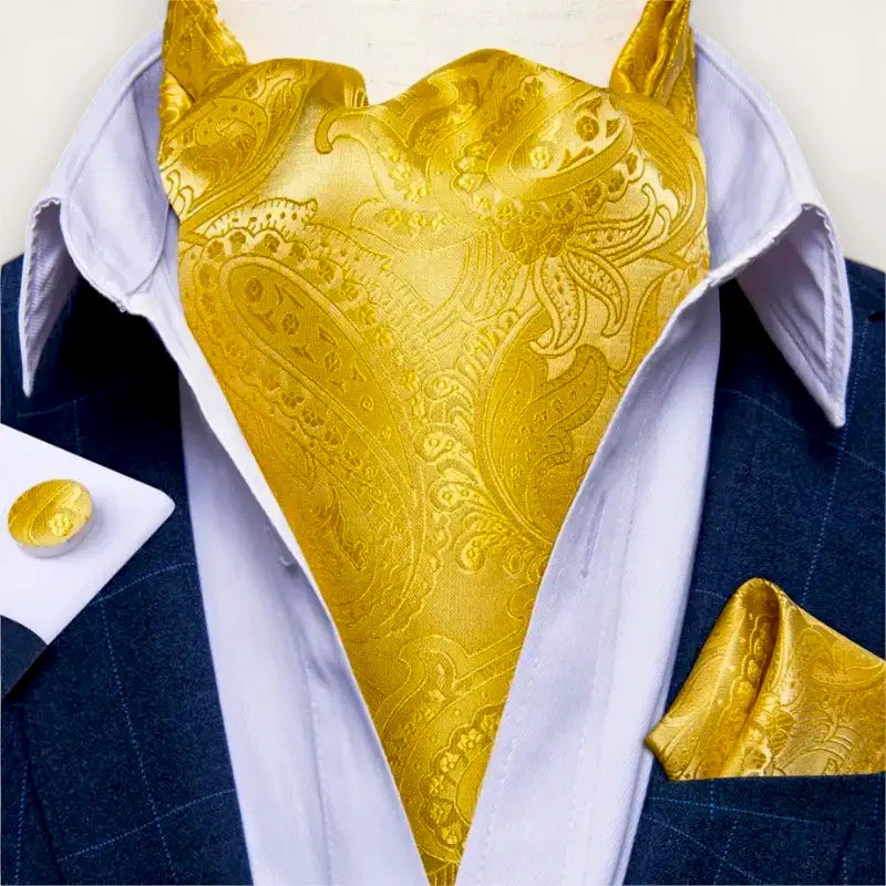 Shimmering gold paisley Yellow Ascot Scarf with pocket square, cufflinks