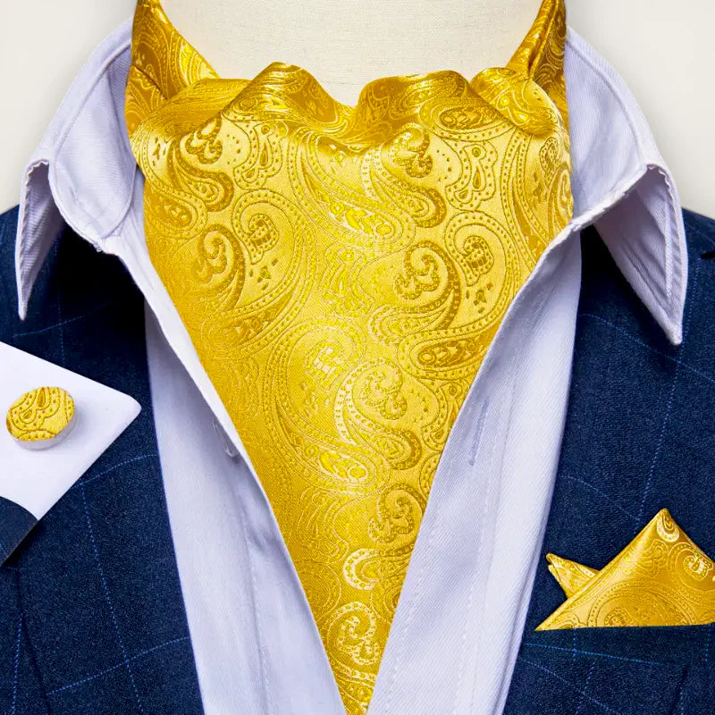 Golden paisley silk cravat with matching pocket square and cufflinks