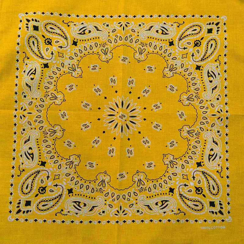 Yellow bandana scarf with black and white paisley pattern on cotton