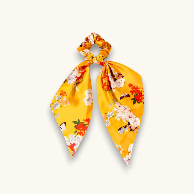 Yellow floral satin scrunchie with tied bow design