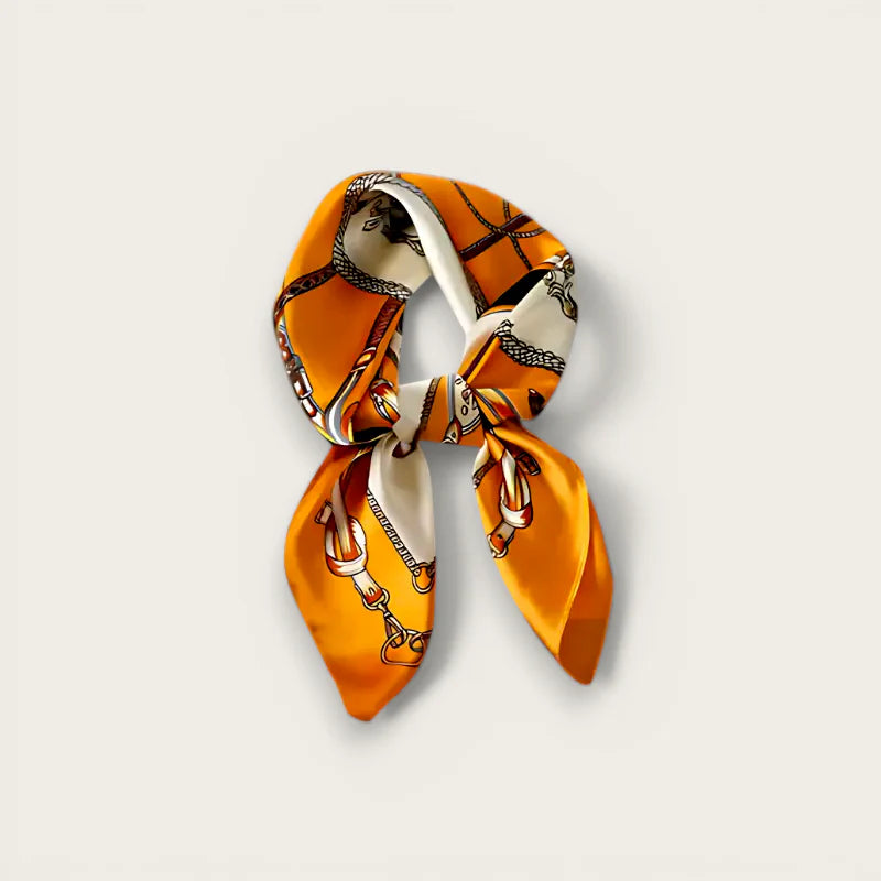 Vibrant orange silk Yellow Neck Scarf with cream chain-link pattern