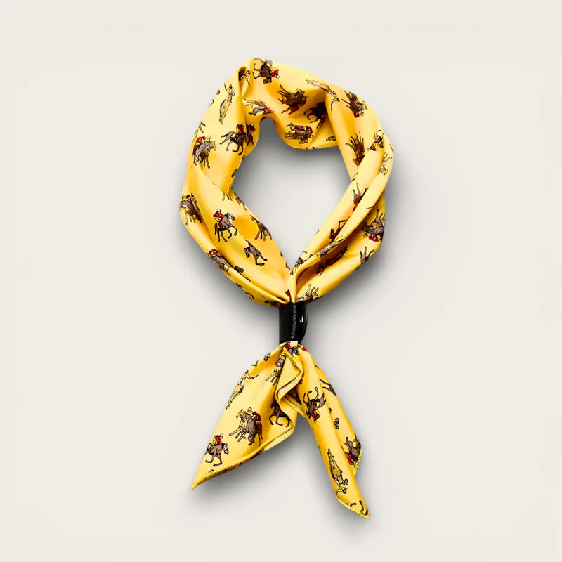Vibrant yellow neckerchief with brown red horseback riders pattern, knotted elegantly
