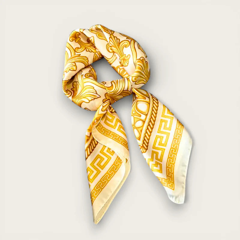 Yellow silk scarf with cream silk, gold baroque and greek key patterns