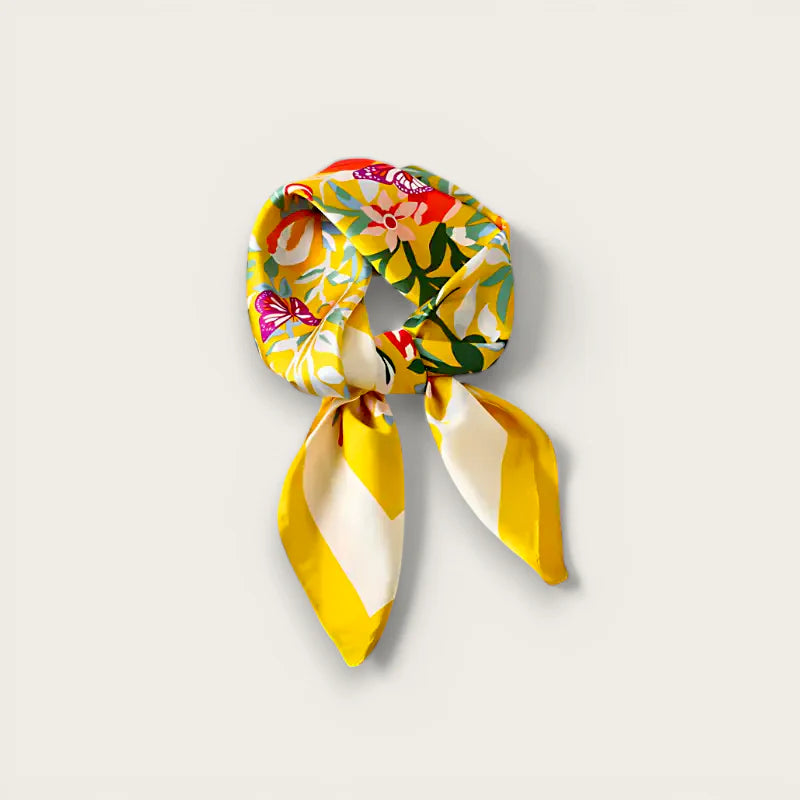 Yellow Square Scarf with vibrant floral butterfly pattern and cream stripes